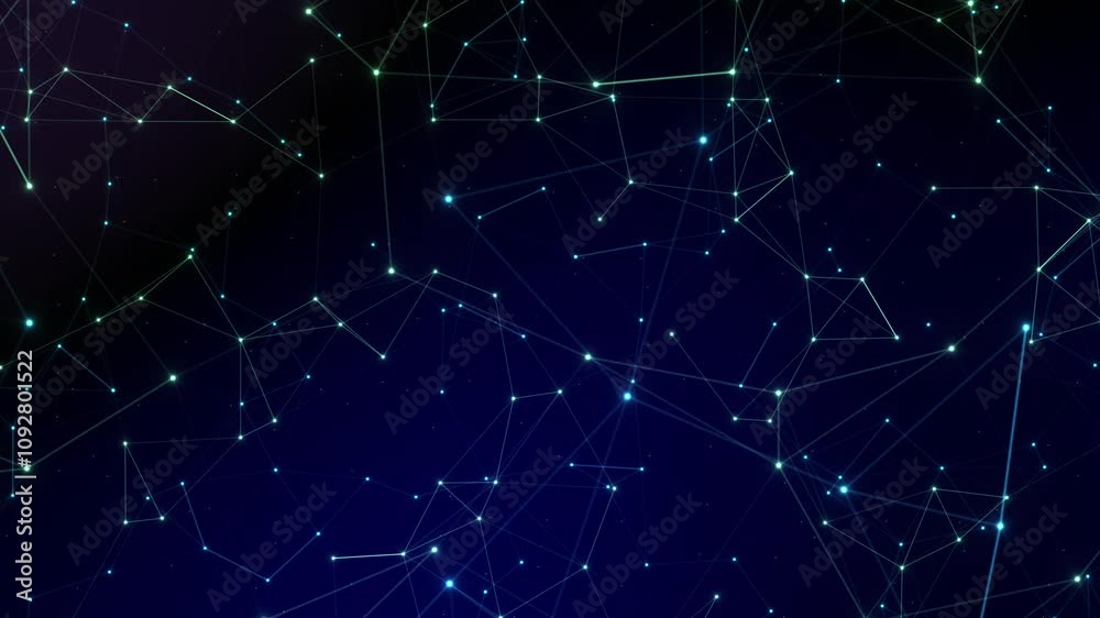 Poster Blue shining abstract plexus web animation, futuristic technology dark smooth background, fast moving geometric shapes