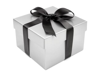 sleek, modern gift box in matte silver with sharp edges and a black satin ribbon.