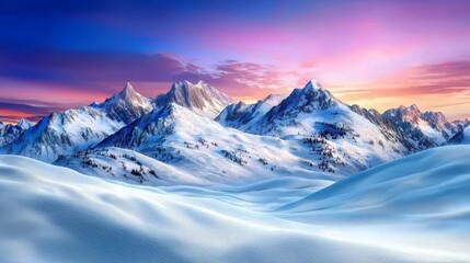 Fototapeta premium Ethereal Digital Painting of a Tranquil Snow-Covered Mountain Landscape Under a Colorful Dusk Sky, Showcasing Serenity and Natural Beauty
