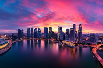 Obraz premium Expansive Panorama View of a Modern Cityscape at Dawn Capturing Vivid Colors and Reflection Over Water with Architectural Marvels Under Evolving Sky