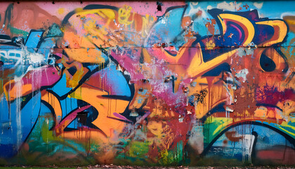 Vibrant street art graffiti on a weathered wall showcasing a blend of colors and textures. The image captures urban creativity and artistic expression, featuring abstract shapes and bold designs.
