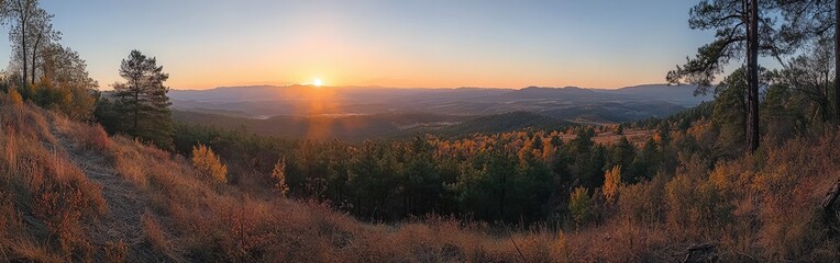 Fototapeta premium Scenic Autumn Forest View at Sunset with Mountain Range