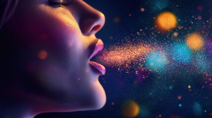 A close-up of a woman's profile, exhaling colorful particles against a dark background, creating a vibrant, ethereal atmosphere.