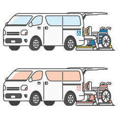 車椅子を搭載するリフト付きの介護タクシー・バンのイラスト(フルカラー・単色モノカラーのセット)