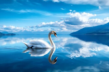 Fototapeta premium Graceful White Swan Gliding Across Serene Lake Under Clear Blue Sky with Reflections of Clouds and Mountains in the Tranquil Water