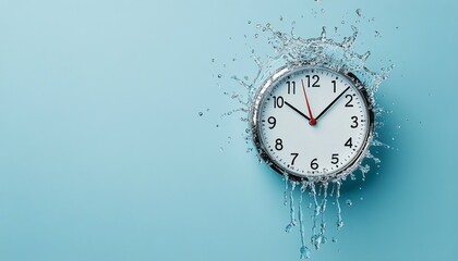 A clock displays the time while water splashes around it on a blue backdrop