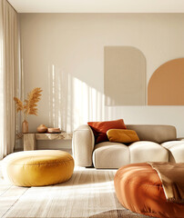 Minimalist, japandi home interior design of modern living room. Minimalistic living area with earthy tones, soft beige sofa, yellow and orange poufs and beige wall with soft lighting.