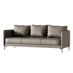 A grey couch with three pillows on it