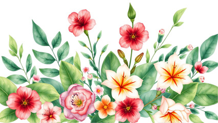 Watercolor Illustration of Tropical Leaves and Flowers on a Crisp White Background, Featuring Vibrant and Lush Details