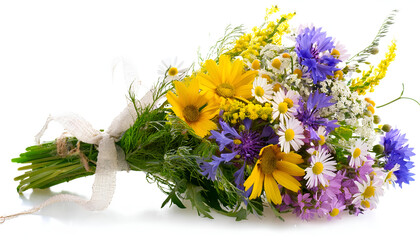 A stunning bouquet of vibrant wildflowers, featuring colorful daisies and lush greenery wrapped with a rustic ribbon. Perfect symbol of natural beauty and freshness, ideal for various occasions.