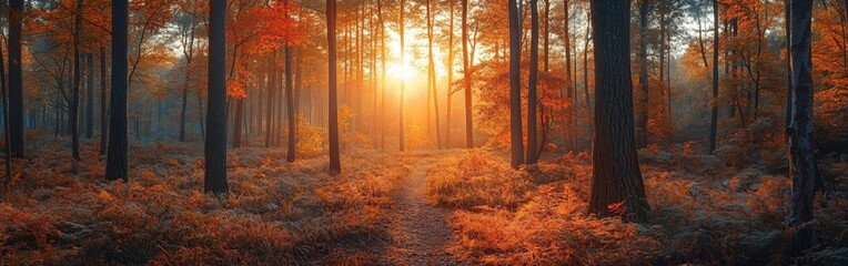 Obraz premium Scenic Autumn Forest View at Sunset with Mountain Range