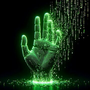 Holographic robot hand in the glow green matrix code on black background, AI technology