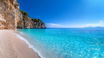 Obraz premium Stunning Panoramic View of a Pristine Sandy Beach with Clear Turquoise Waters and Cliffs Against a Bright Blue Sky, Perfect for Travel and Vacation Inspiration