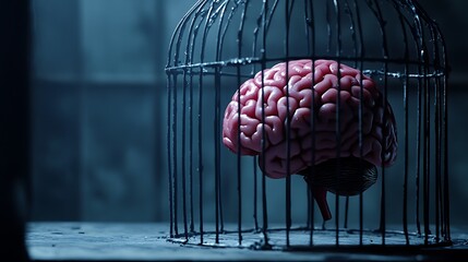 The Weight of Thought: A Brain Trapped in a Cage AI Generated