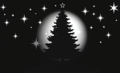 A lone christmas tree stands tall against a backdrop of twinkling stars radiating warmth and festive cheer christmas tree silhouette Illustration 