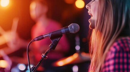A singer performs passionately on stage, with a drummer in the background, illuminated by vibrant stage lights.