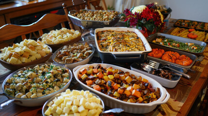 A Thanksgiving celebration with a diverse family, mixing traditions and recipes from different backgrounds, creating a lively and inclusive gathering