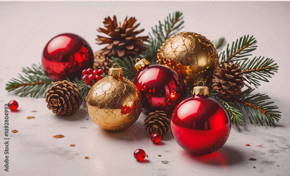 Aufkleber bunch of red and gold christmas ornaments are on a table. there are at least five red ornaments and 