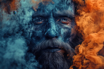 Obraz premium Portrait of an older Caucasian man with a blue-painted face surrounded by swirling orange and blue smoke, creating a mystical and surreal atmosphere.