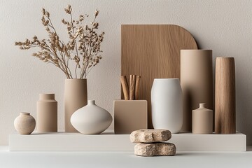Elegant Arrangement of Neutral Accessories on a Clean Display with Varied Textures and Soft Colors for Stylish Home Decor Inspiration
