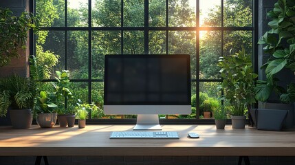 Modern Workspace with Computer Surrounded by Lush Green Plants and Large Windows Allowing Natural Light to Illuminate the Cozy Interior Environment