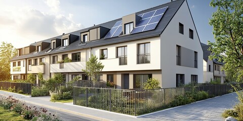 grey and white modern townhouses with dormers window, solar panel technology and metal fences 