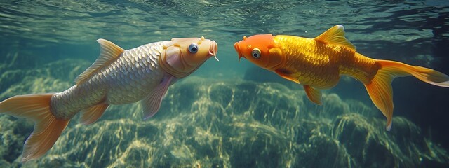 Naklejka premium A photo of koi fish in the water. They have orange and pink scales with some yellow on their bellies