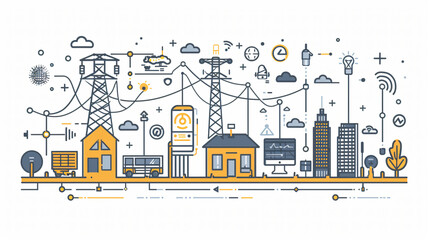 Naklejka premium Flat Icon of Smart Grid with Energy Flow on Pure White Background