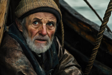 Obraz premium Elderly Caucasian man with a weathered face and a beanie, gazing contemplatively on a rustic boat, surrounded by ropes and wooden textures, illustrating a rugged seafaring life.