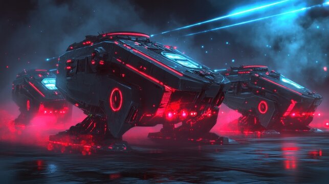 Three futuristic armored vehicles stand illuminated by neon lights in a foggy, dark environment.