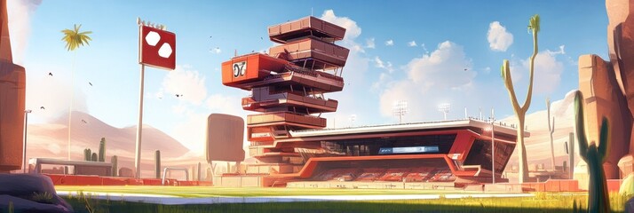 A modern sports stadium set in a desert landscape with a vibrant design and surrounding nature.