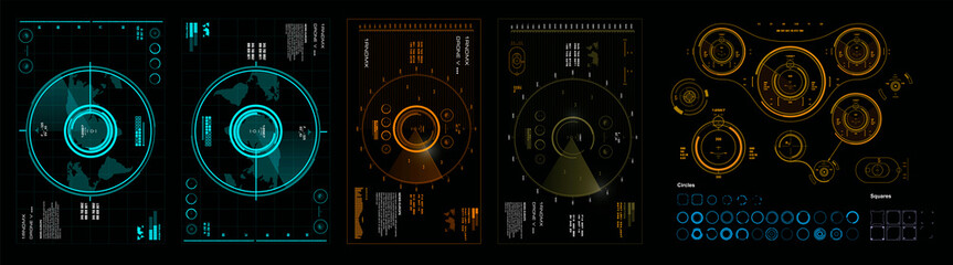 Vector set aerial targets, sights and devices for geolocation, detection objects and their destruction. Digital vector set of sights and target scanning. Futuristic UIHUD kit.  Set elements with radar