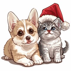 Cute cartoon style drawing of two animals: one is a corgi and the other is a kitten wearing a Christmas hat on a white background.