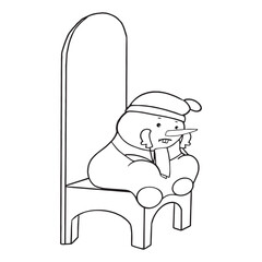 Cute Snowman in a hat, scarf and mittens sits on a big chair waiting for the New Year. New Year card. Vector storybook for kids. Vector clipart.