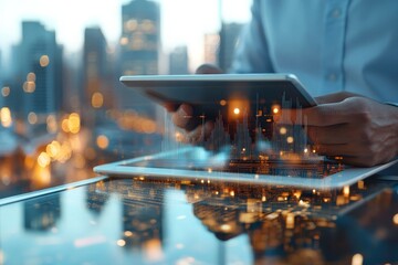 A person holding a tablet displaying digital data visualization with glowing city lights in the background, symbolizing technology and information flow.