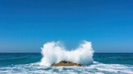 Fototapeta premium Energetic splash of ocean waves against a small island, island wave energy, wild water motion