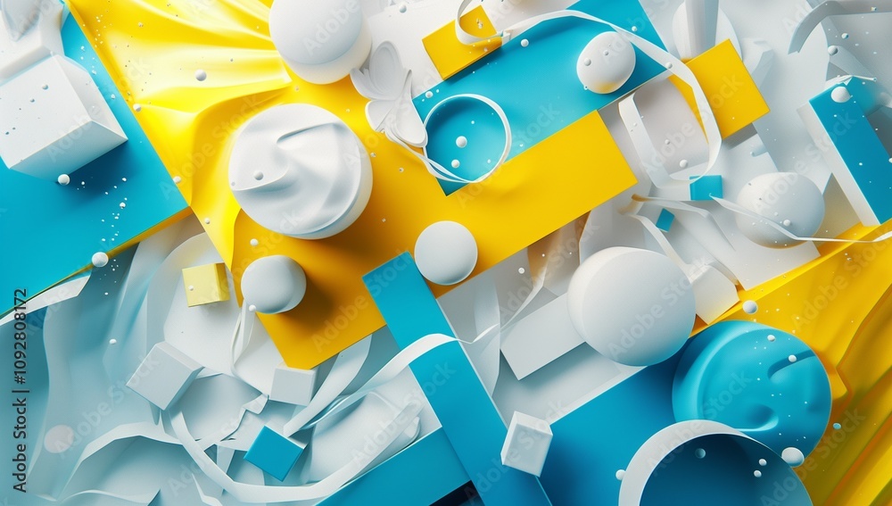 Poster 3d render of abstract shapes in blue, yellow, and white colors with geometric elements and floating 