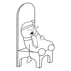 Cute Snowman in a hat, scarf and mittens fell asleep on a big chair waiting for the New Year. New Year card. Vector storybook for kids. Vector clip art.