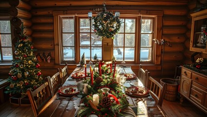 A beautifully decorated Christmas dining table in the kitchen of an old log cabin, with decorations and candles adding to its festive atmosphere.
