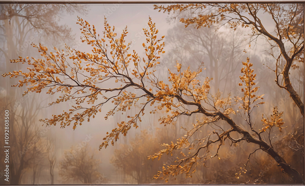 Poster Tree branch with leaves on it. The leaves are yellow. The branch is thin