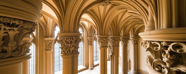 Fototapeta premium Intricate architectural details of a gothic-style interior with ornate columns and arches.