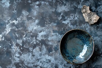 青い陶器の器と岩が置かれたダークなテクスチャの背景