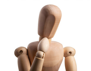 Close-up of a wooden mannequin with hand on head, symbolizing contemplation, reflection, or decision-making. The neutral expression and natural wood texture convey simplicity and artistic inspiration