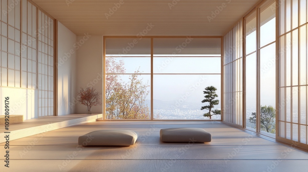 Poster a room with a view of the mountains and a potted tree