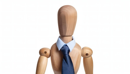 Close-up of a wooden mannequin dressed in professional attire. The minimalist design highlights concepts of business, professionalism, and creativity in a unique and artistic presentation.