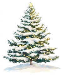 Fototapeta premium Snow-covered Christmas tree decorated with glowing lights in a winter setting celebrating the holiday season