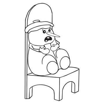 recommend clip art: Cute Snowman in a hat, scarf and mittens huddled on a large chair waiting for the New Year. New Year s card. Vector storybook for children. Vector clipart.