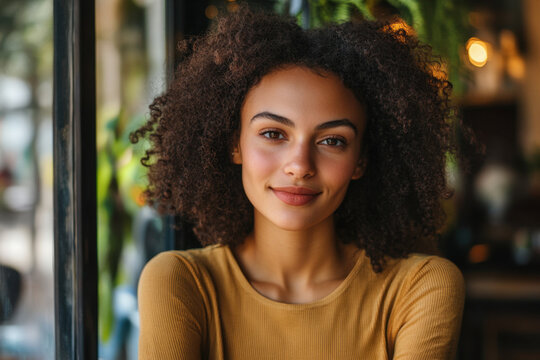 Smiling young African American woman with curly hair sitting in a cozy café, wearing a mustard yellow top. Soft natural light enhances her relaxed expression. - Powered by Adobe