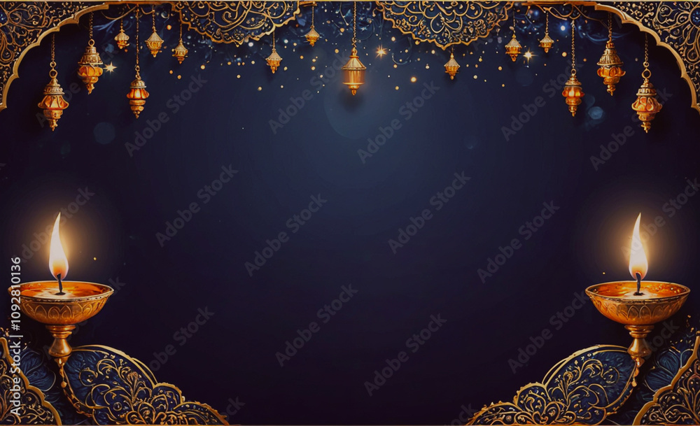 Poster blue background with gold decorations and two lit candles. the candles are on the left and right sid