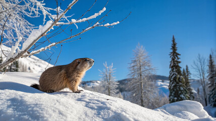 Obraz premium Groundhog standing in snow-covered forest landscape